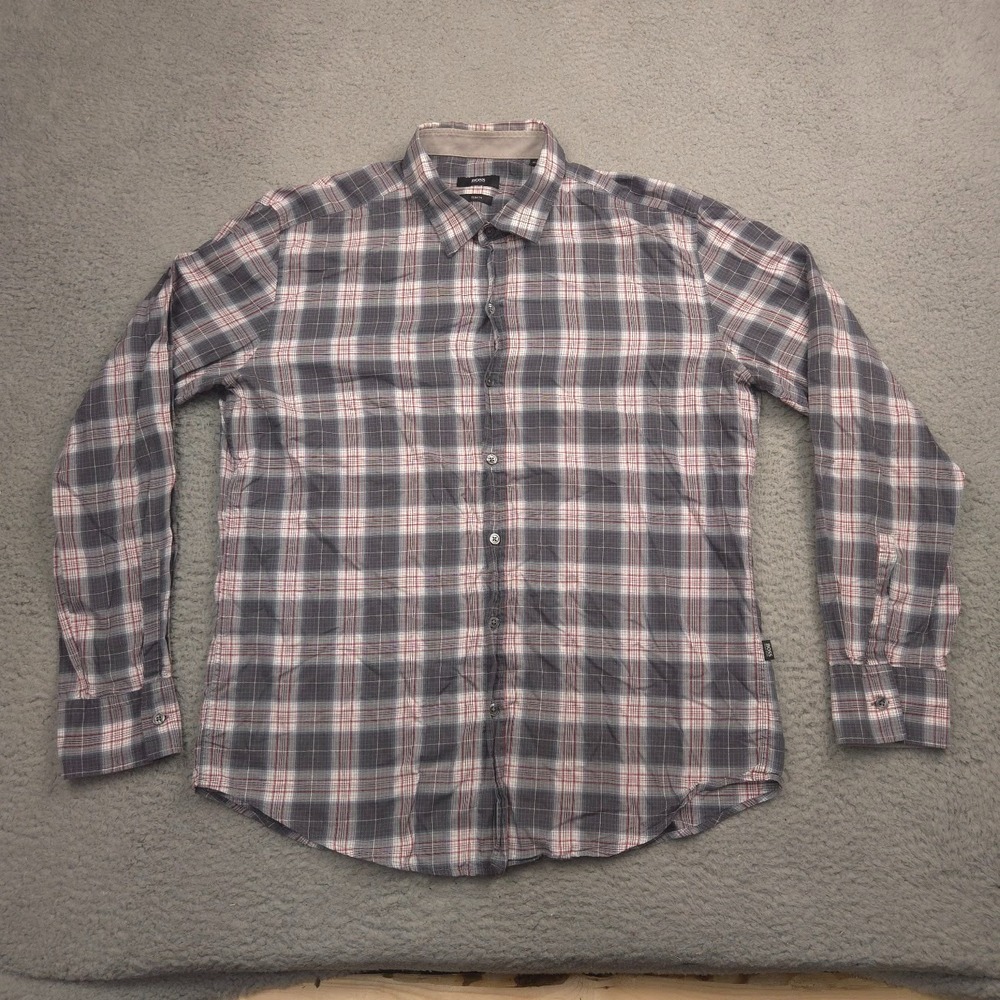 BOSS‎ Hugo Boss Plaid Button Up Shirt Mens XL Slim Fit Gray Red Long Sleeve
